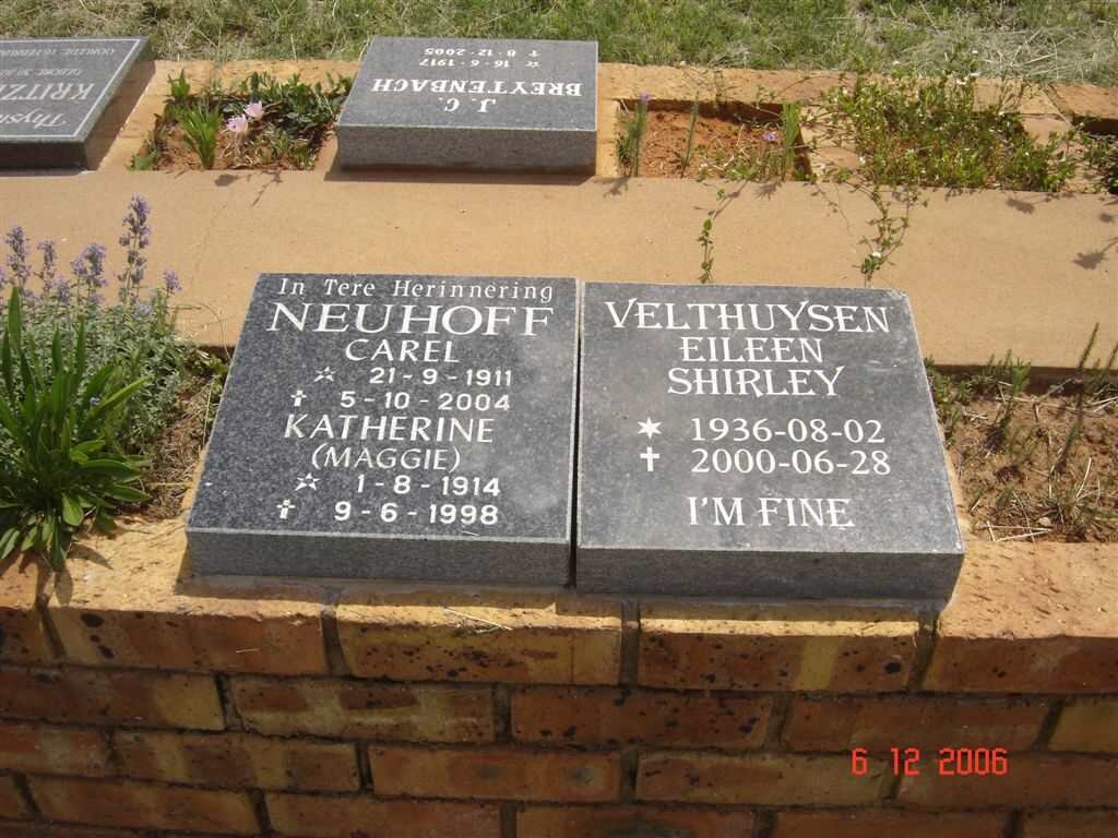 NEUHOFF Carel 1911-2004 &amp; Katherine 1914-1998 :: VELTHUYSEN Eileen Shirley 1936-2000