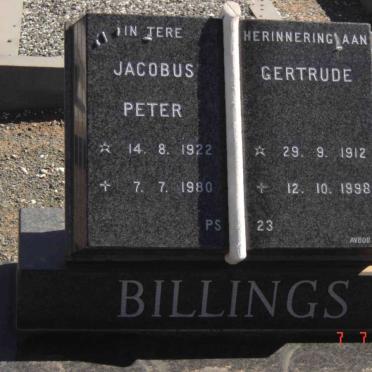 BILLINGS Jacobus Peter 1922-1980 &amp; Gertrude 1912-1998