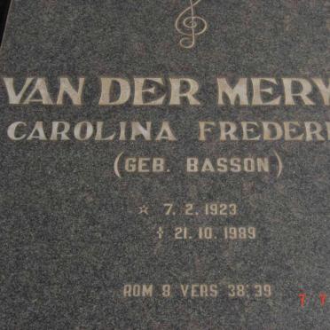 MERWE Carolina Frederika, van der nee BASSON 1923-1989