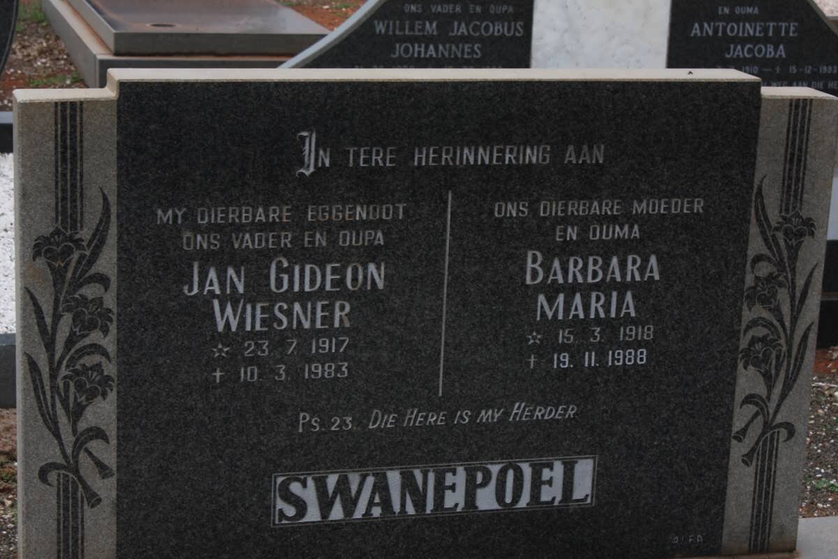 SWANEPOEL Jan Gideon Wiesner 1917-1983 &amp; Barbara Maria 1918-1988