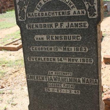 RENSBURG Hendrik P.F., Janse van 1863-1906 &amp; Amerentia Wilhelmina Maria KOEN 1867-1945