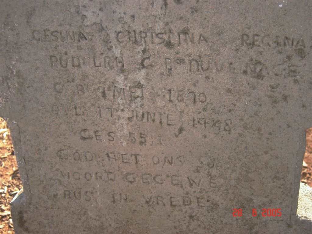 RUDOLPH Gesina Christina Regina nee DUVENHAGE 1870-1948