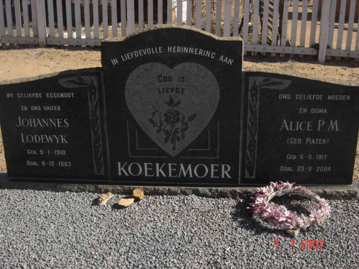 KOEKEMOER Johannes Lodewyk 1910-1983 &amp; Alice P.M. PIATER 1917-2004