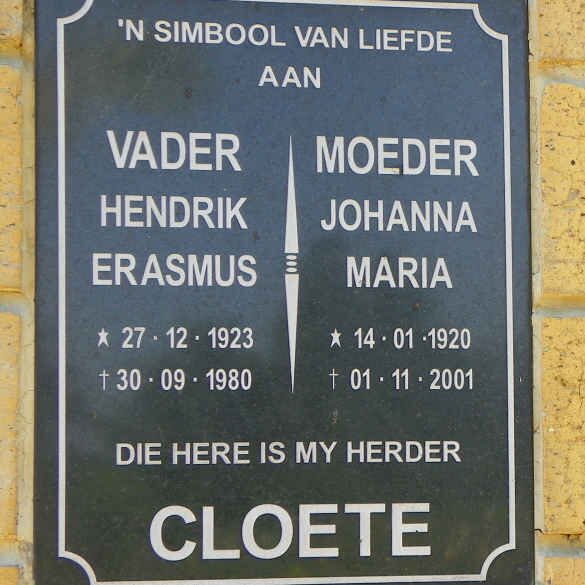 CLOETE Hendrik Erasmus 1923-1980 &amp; Johanna Maria 1920-2001