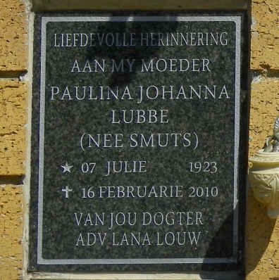LUBBE Paulina Johanna nee SMUTS 1923-2010