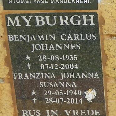 MYBURGH Benjamin Carlus Johannes 1935-2004 &amp; Franzina Johanna Susanna 1940-2014