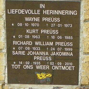 PREÜSS Richard William 1933-1999 &amp; Sarie Johanna Jakomina 1935-2010 :: PREÜSS Kurt 1963-1985 :: PREÜSS Wayne 1970-1973