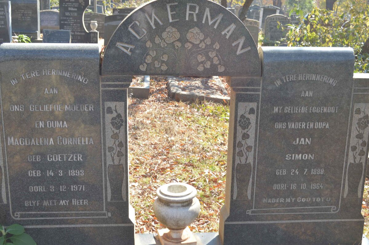 ACKERMAN Jan Simon 1899-1964 &amp; Magdalena Cornelia COETZER 1893-1971