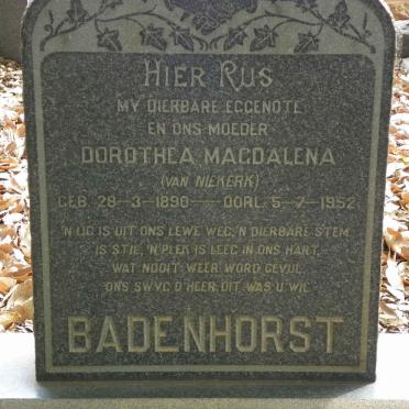 BADENHORST Dorothea Magdalena nee VAN NIEKERK 1890-1952