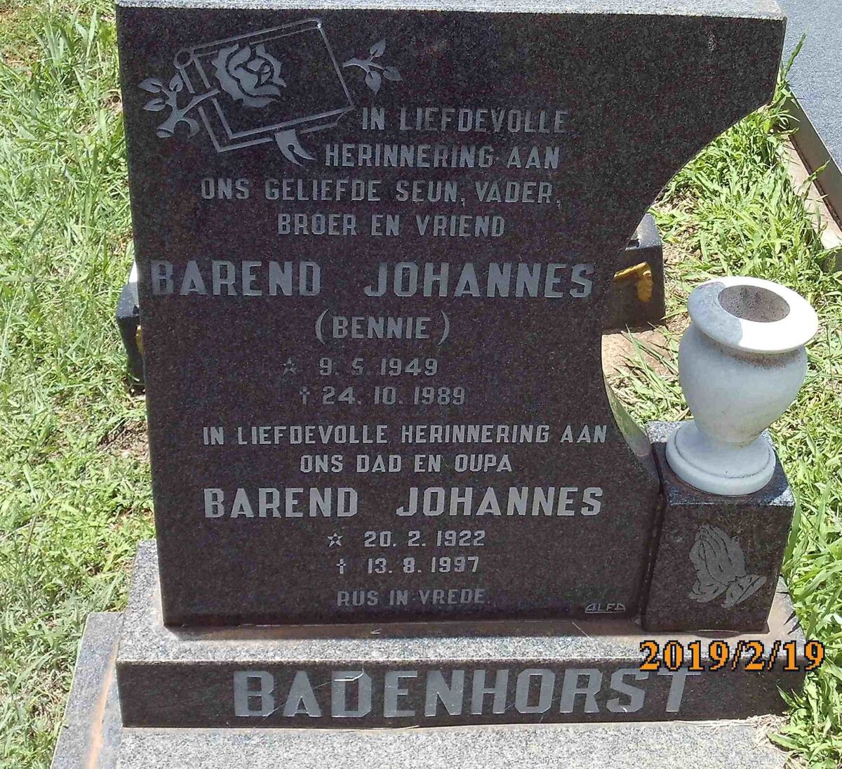 BADENHORST Barend Johannes 1922-1997 :: BADENHORST Barend Johannes 1949-1989