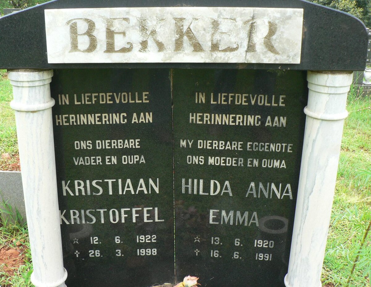 BEKKER Kristiaan Kristoffel 1922-1998 &amp; Hilda Anna Emma 1920-1991
