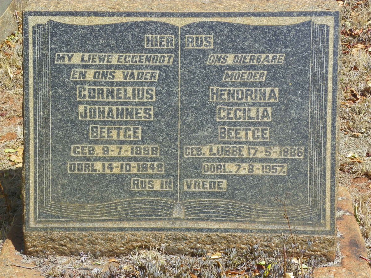 BEETGE Cornelius Johannes 1888-1948 &amp; Hendrina Cecilia LUBBE 1886-1957