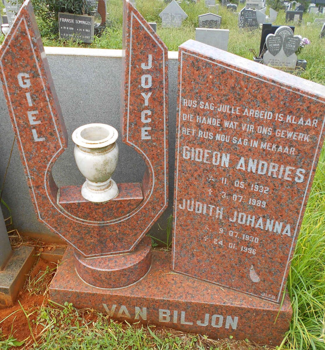 BILJON Gideon Andries, van 1932-1989 &amp; Judith Johanna 1930-1996