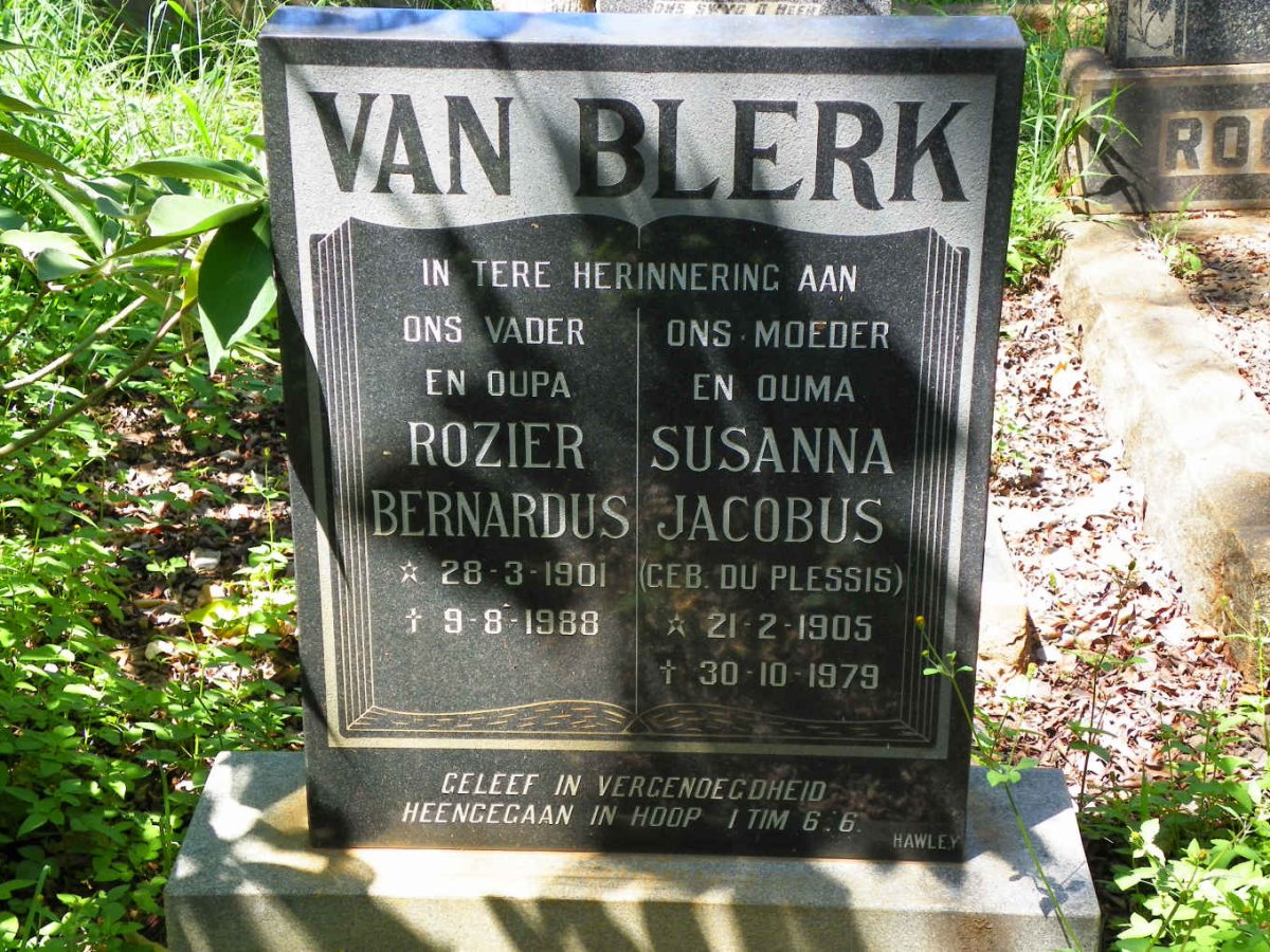 BLERK Rozier Bernardus, van 1901-1988 &amp; Susanna Jacobus DU PLESSIS 1905-1979