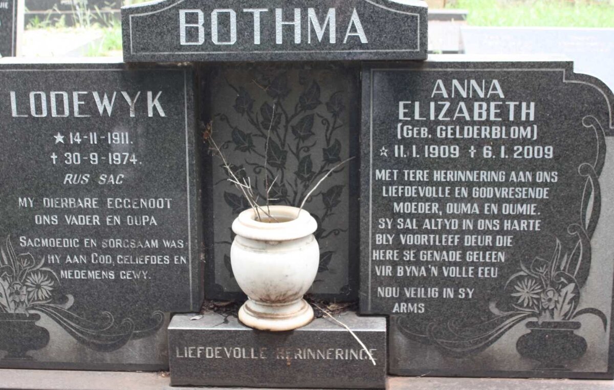 BOTHMA Lodewyk 1911-1974 &amp; Anna Elizabeth GELDERBLOM 1909-2009