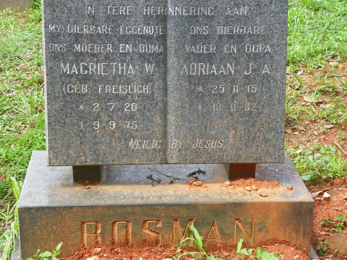 BOSMAN Adriaan J.A. 1915-1982 &amp; Magrietha  W. FREISLICH 1920-1975