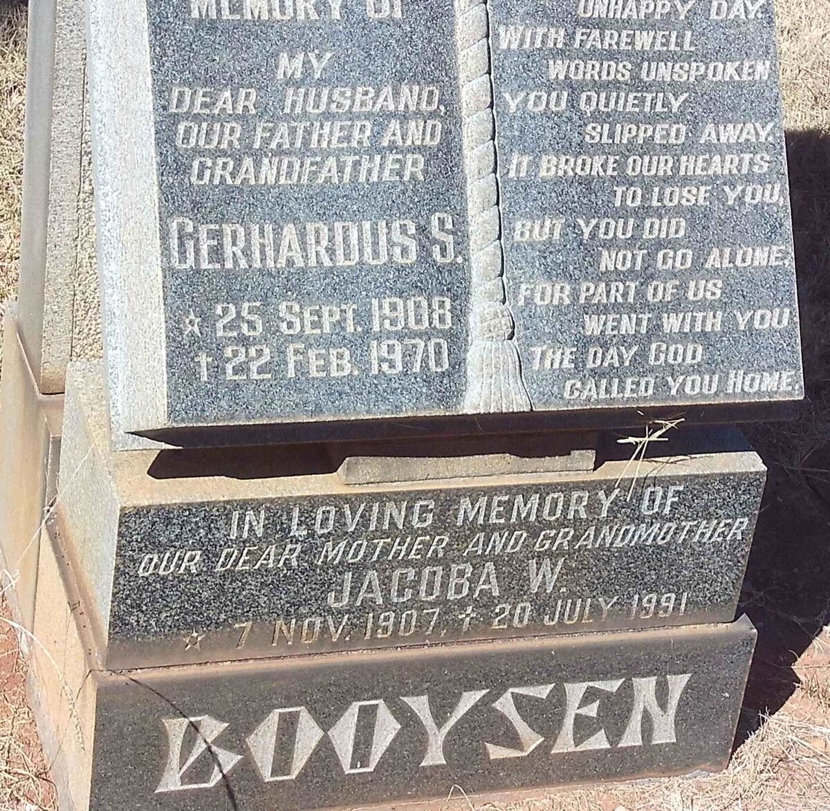 BOOYSEN Gerhardus S. 1908-1970 &amp; Jacoba W. 1907-1991