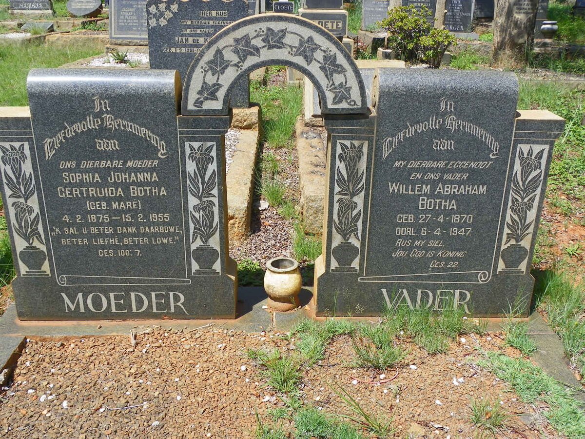 BOTHA Willem Abraham 1870-1947 &amp; Sophia Johanna Gertruida nee MARÉ 1875-1955