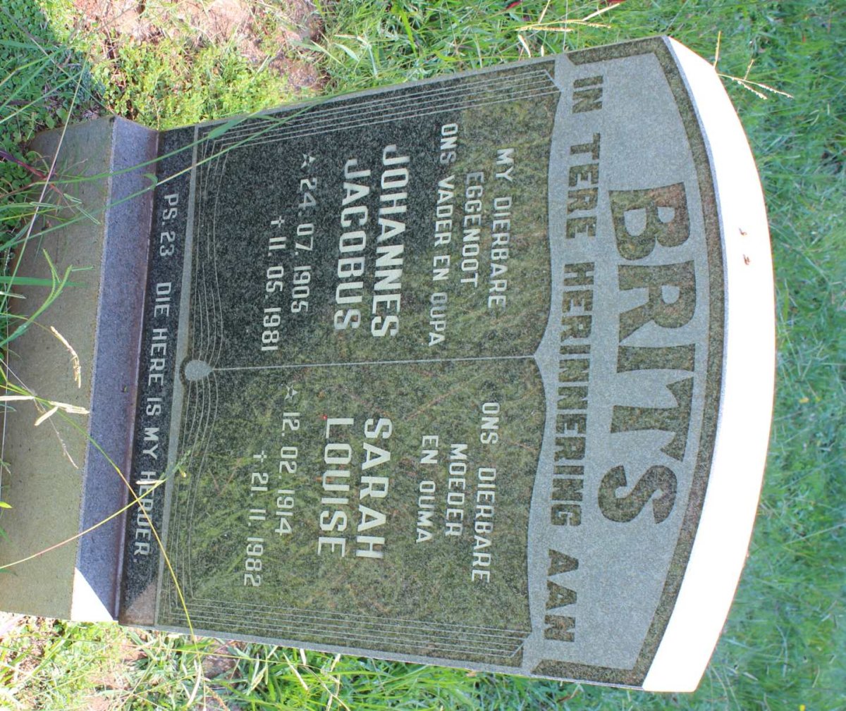 BRITS Johannes Jacobus 1905-1981 &amp; Sarah Louise 1914-1982