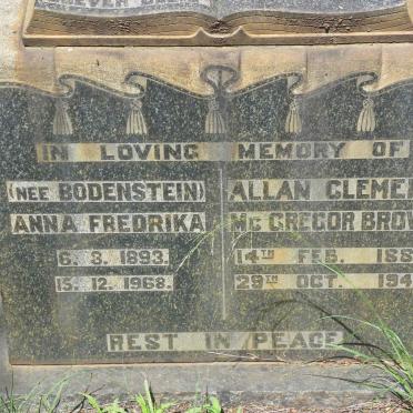 BROWN Allan Clement McGREGOR 1888-1945 &amp; Anna Fredrika BODENSTEIN 1893-1968