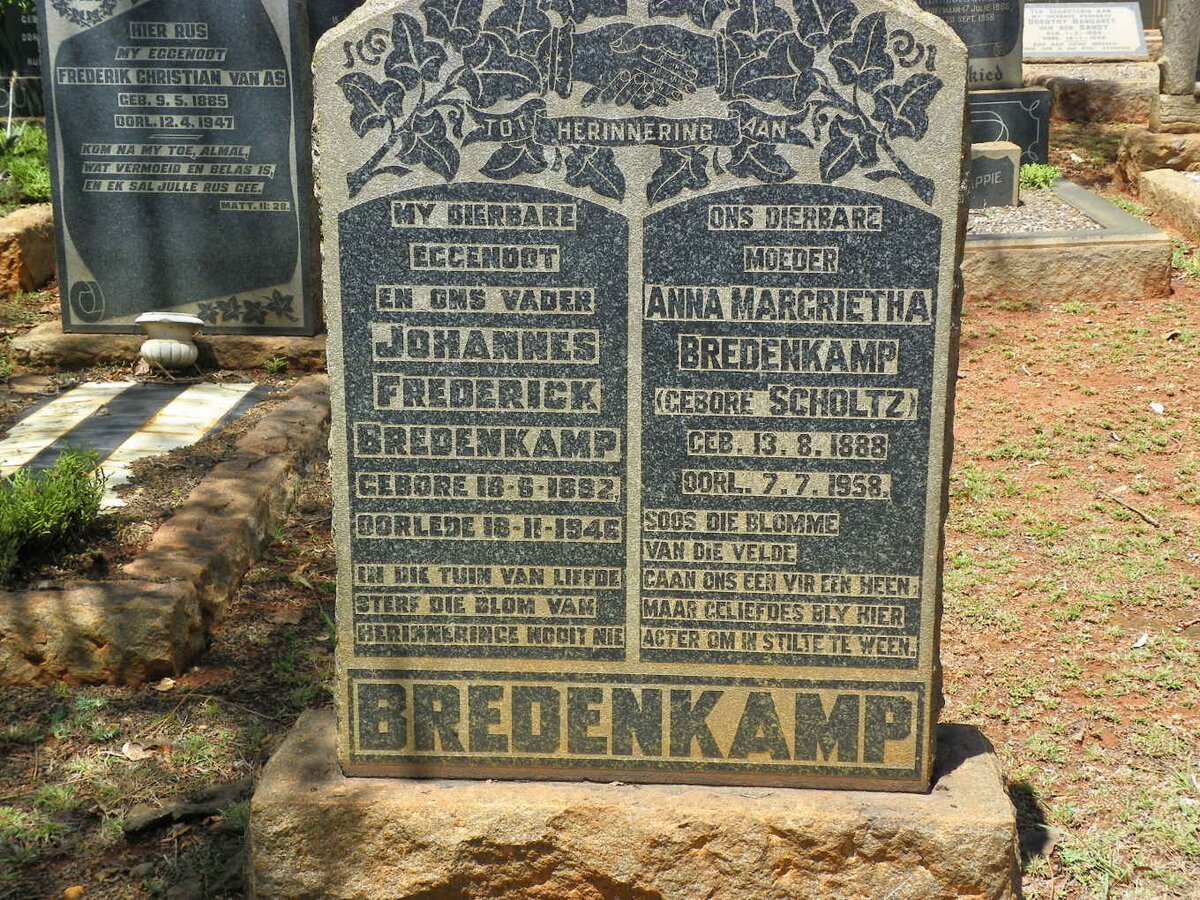 BREDENKAMP Johannes Frederick 1882-1946 &amp; Anna Magrietha SCHOLTZ 1888-1958