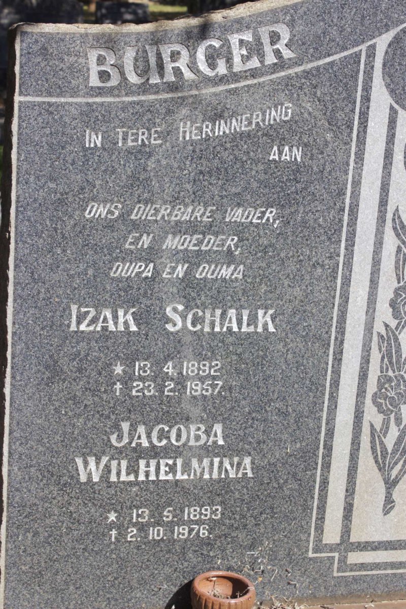 BURGER Izak Schalk 1892-1957 &amp; Jacoba Wilhelmina 1893-1976