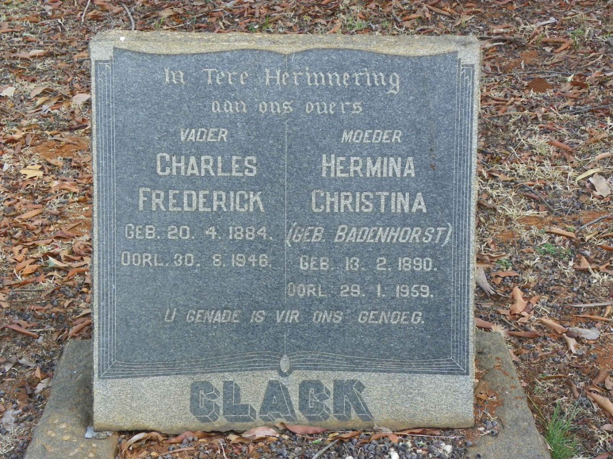 CLACK Charles Frederick 1884-1948 &amp; Hermina Christina BADENHORST 1890-1959