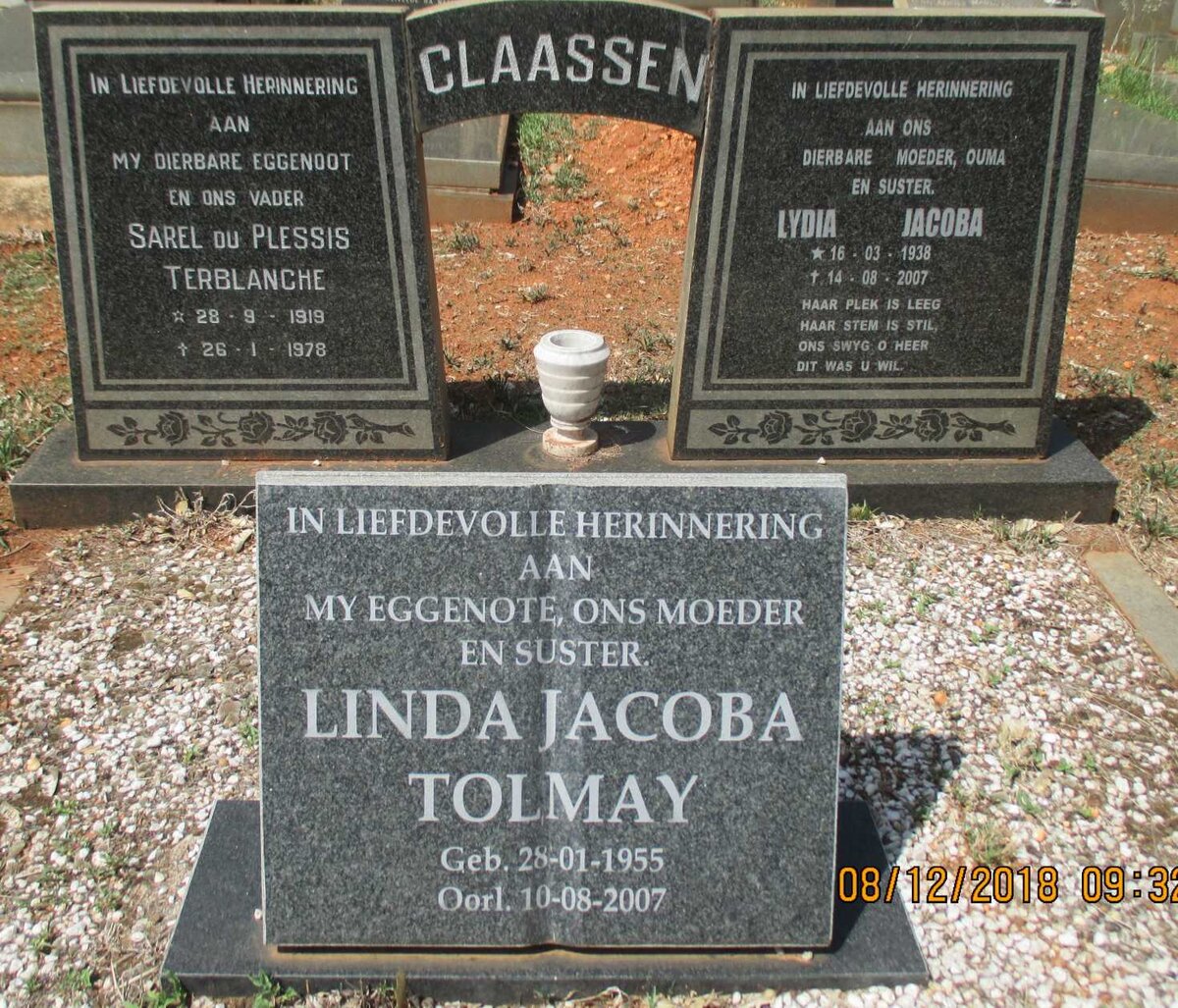 CLAASSEN Sarel du Plessis Terblanche 1919-1978 &amp; Lydia Jacoba 1938-2007 :: TOLMAY Linda Jacoba 1955-2007