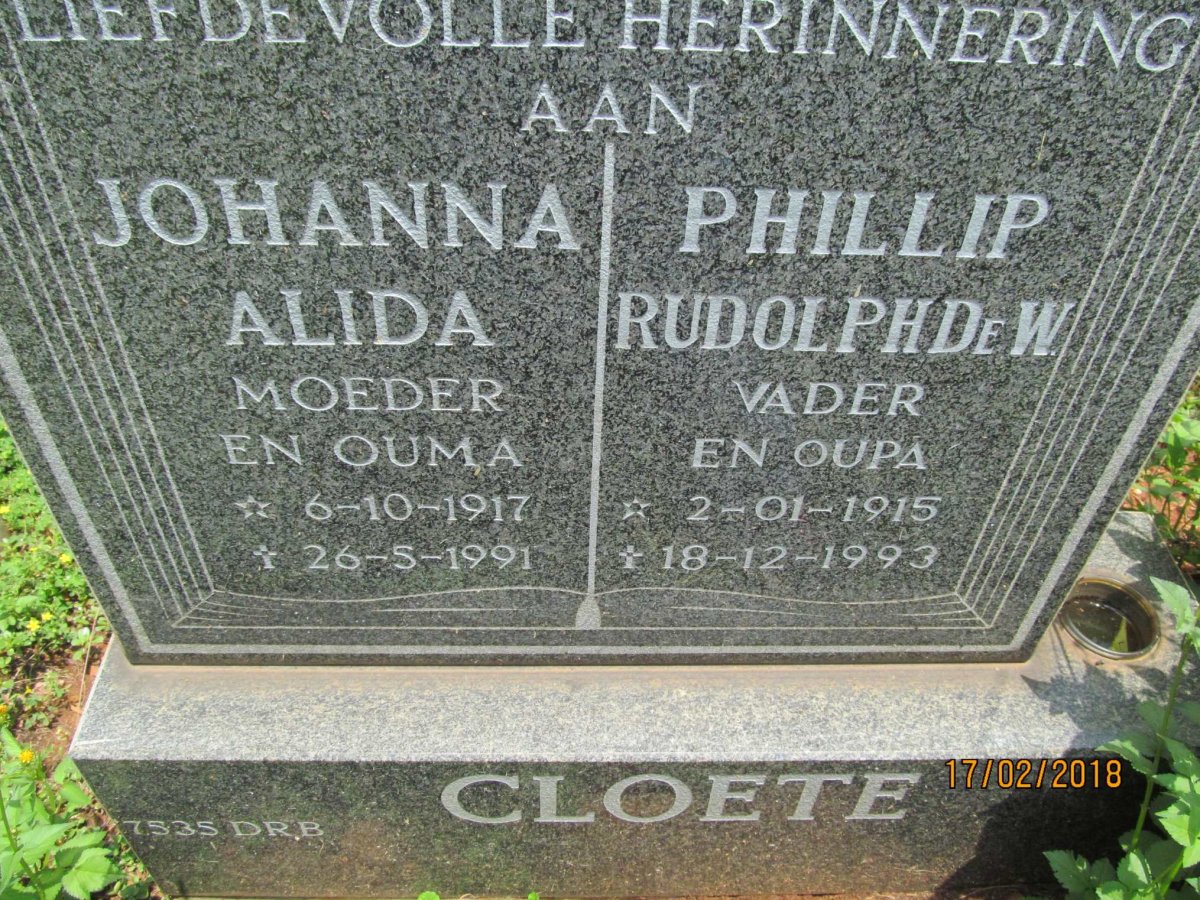 CLOETE Phillip Rudolph De W. 1915-1993 &amp; Johanna Alida 1917-1991