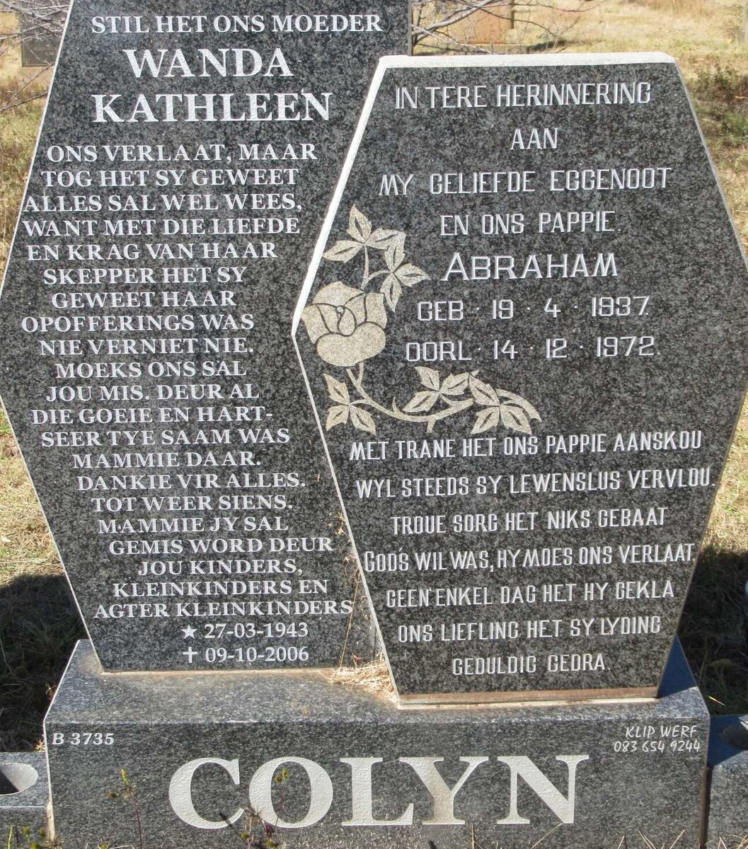 COLYN Abraham 1937-1972 &amp; Wanda Kathleen 1943-2006