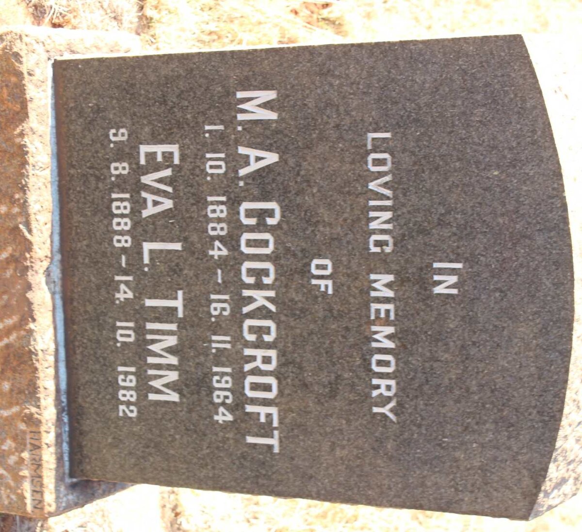 COCKCROFT M.A. 1884-1964 :: TIMM Eva L. 1888-1982