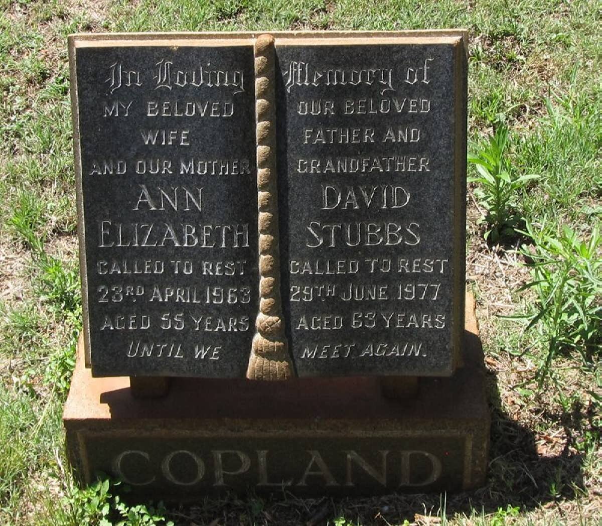 COPLAND David Stubbs -1977 &amp; Ann Elizabeth -1963