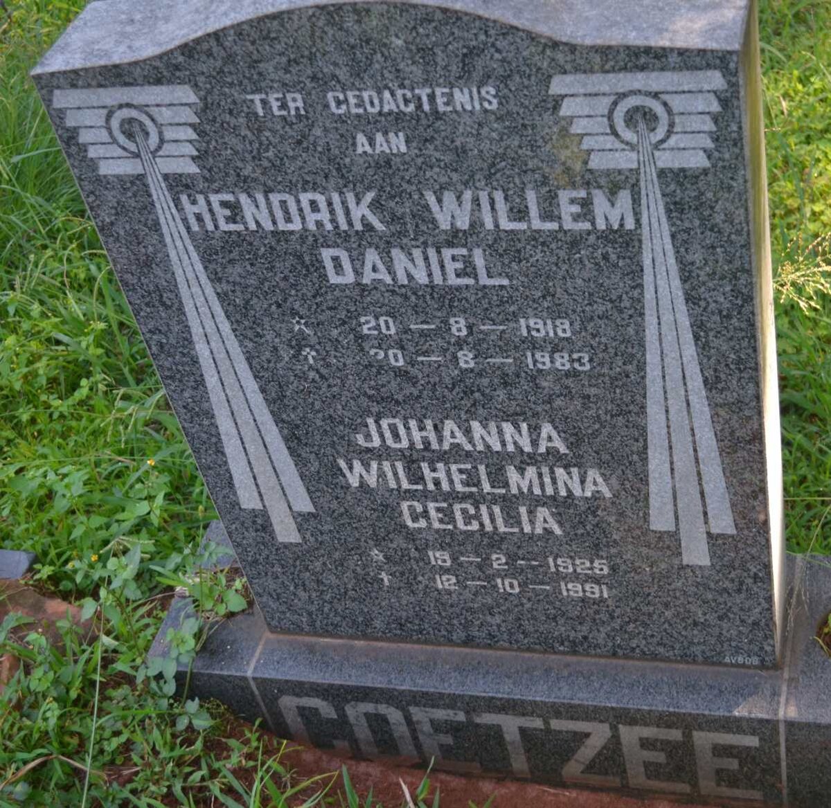 COETZEE Hendrik Willem Daniel 1918-1983 &amp; Johanna Wilhelmina Cecilia 1925-1991