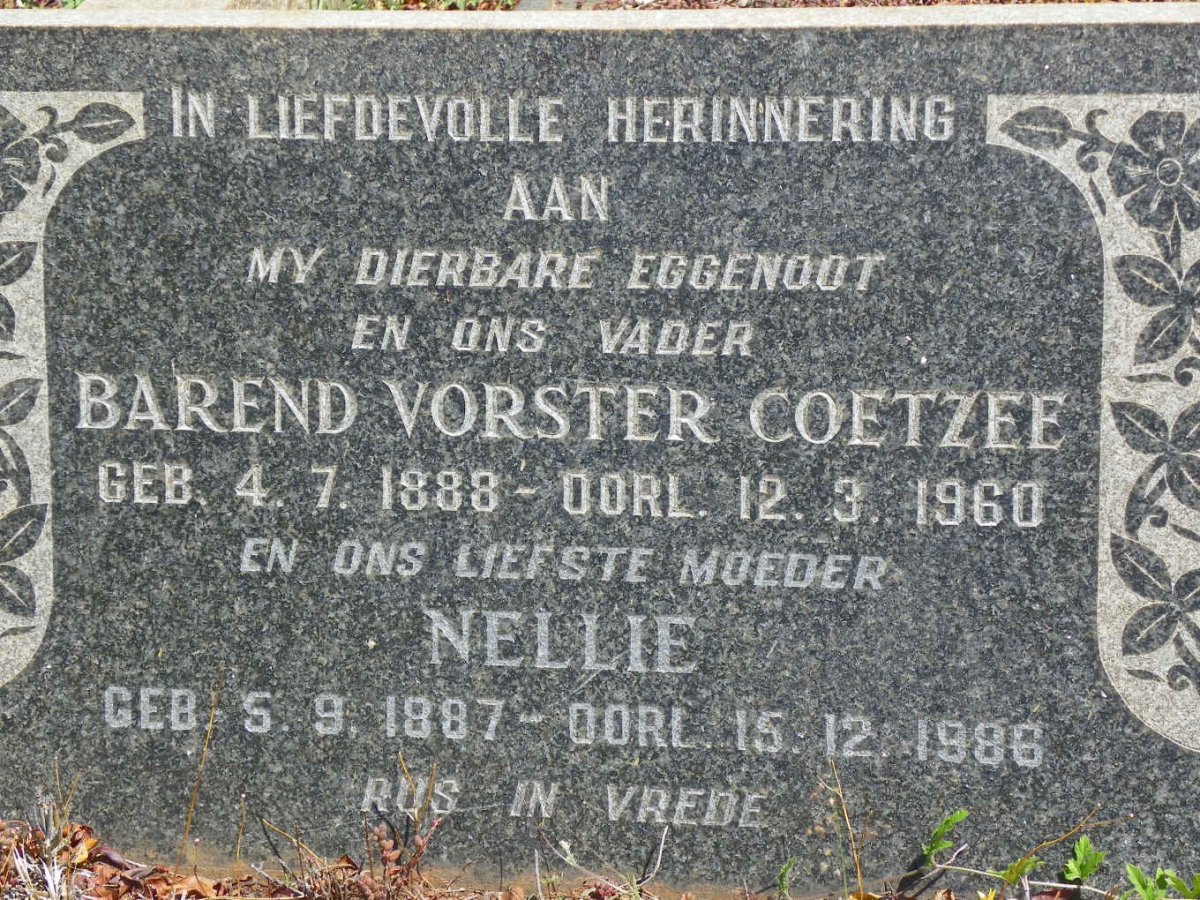 COETZEE Barend Vorster 1888-1960 &amp; Nellie 1887-1986