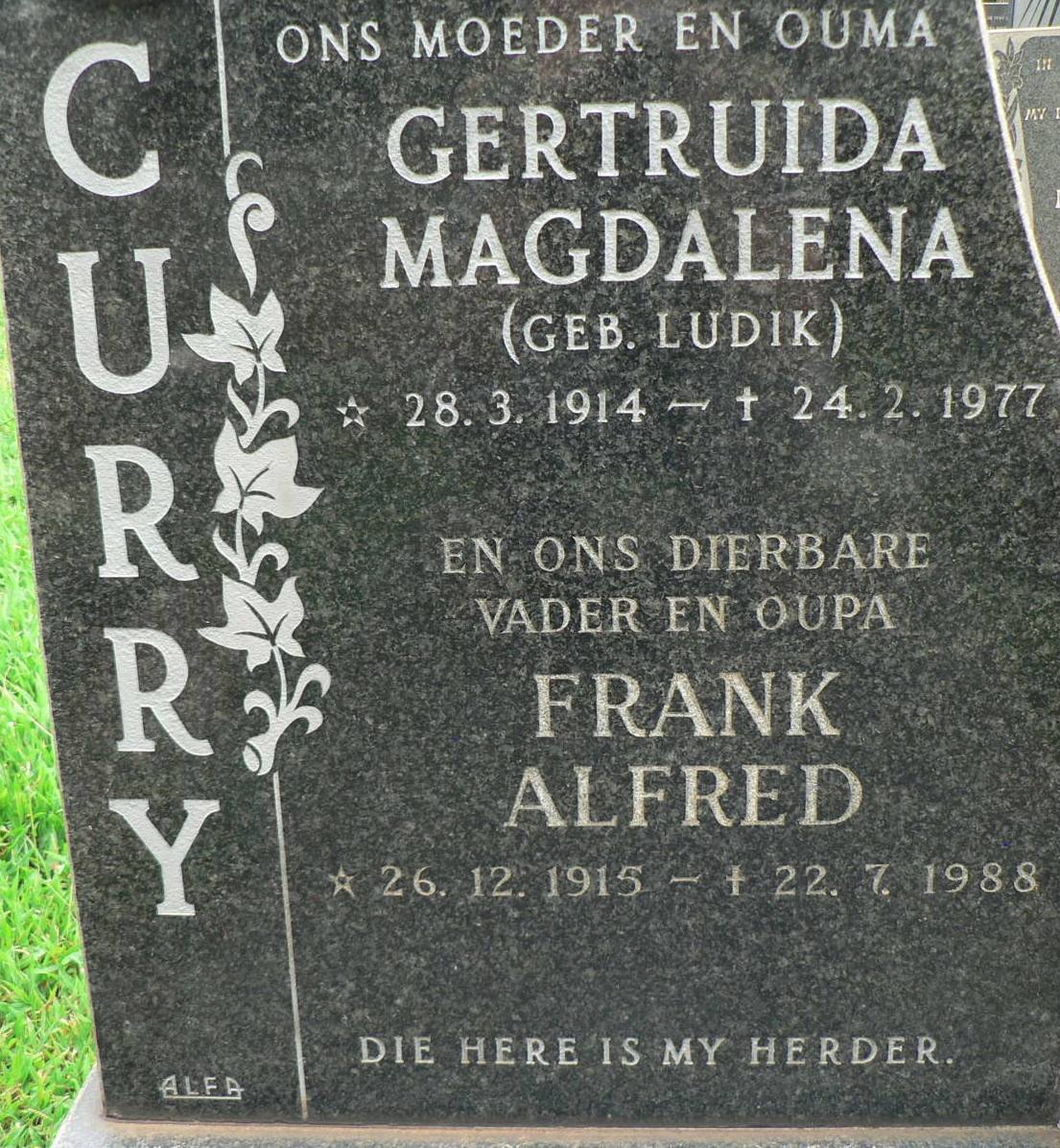 CURRY Frank Alfred 1915-1988 &amp; Gertruida Magdalena LUDIK 1914-1977