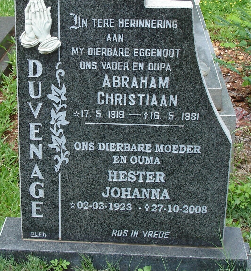 DUVENAGE Abraham Christiaan 1919-1981 &amp; Hester Johanna 1923-2008