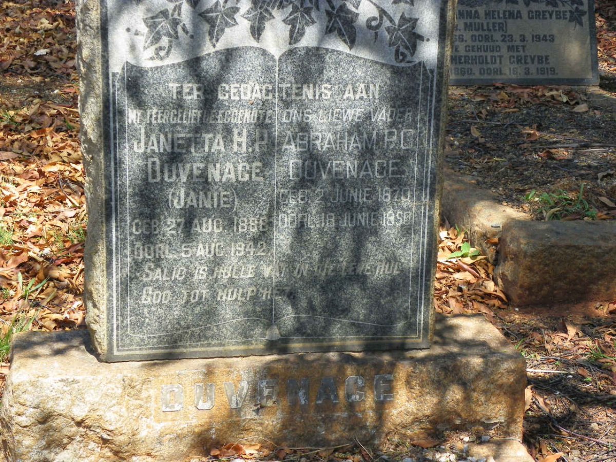 DUVENAGE Abraham P.C. 1870-1950 &amp; Janetta H.P. 1886-1942