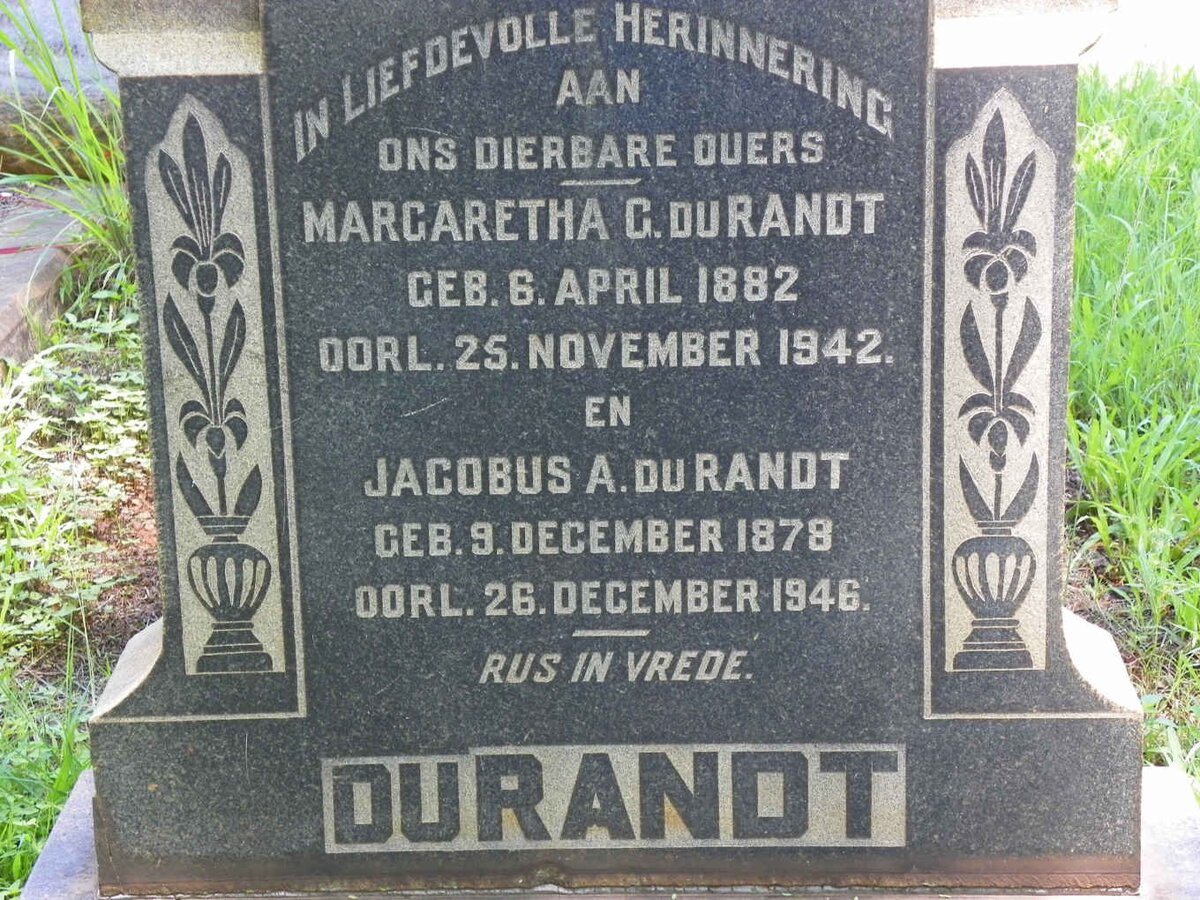 DURANDT Jacobus A. 1878-1946 &amp; Margaretha G. 1882-1942