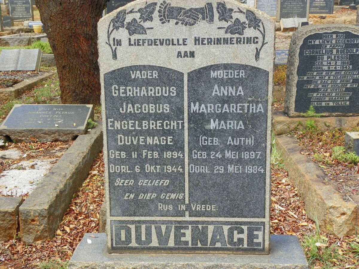 DUVENAGE Gerhardus Jacobus Engelbrecht 1894-1944 &amp; Anna Margaretha Maria AUTH 1897-1984
