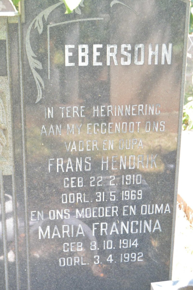EBERSOHN Frans Hendrik 1910-1969 &amp; Maria Francina 1914-1992 :: HOLDER Desmond 1961-1992 &amp; Michelle 1968-1994