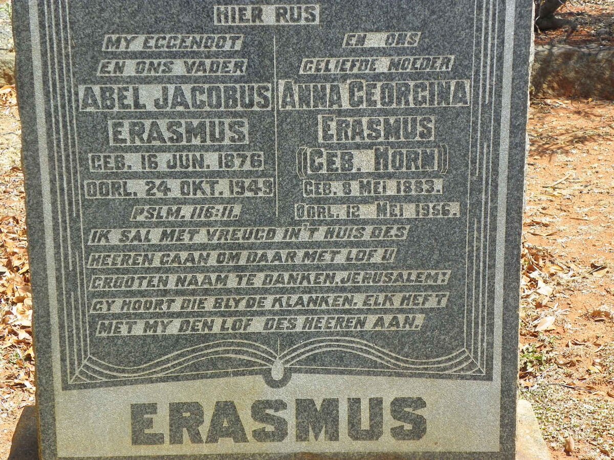 ERASMUS Abel Jacobus 1876-1949 &amp; Anna Georgina HORN 1883-1956