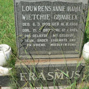 ERASMUS Annie Maria GRIMBEEK 1906-1984 :: ERASMUS Louwrens Wietchie 1939-1983