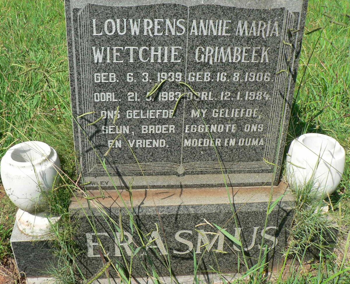 ERASMUS Annie Maria GRIMBEEK 1906-1984 :: ERASMUS Louwrens Wietchie 1939-1983