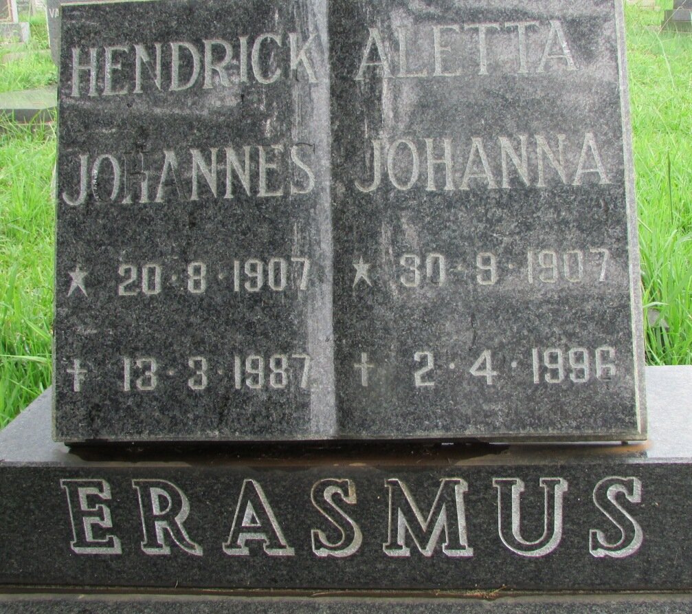 ERASMUS Hendrick Johannes 1907-1987 &amp; Aletta Johanna 1907-1996