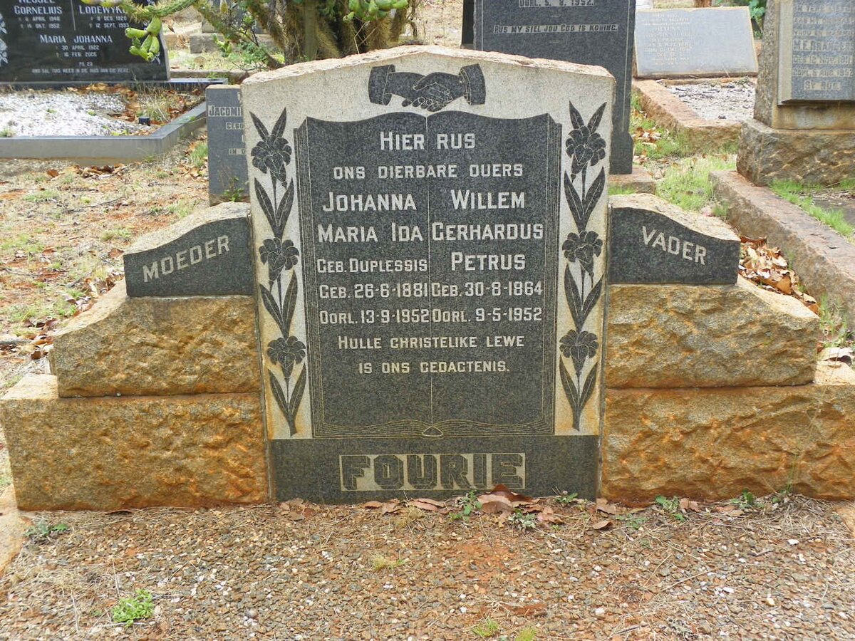 FOURIE Willem Gerhardus Petrus 1864-1952 &amp; Johanna Maria Ida DU PLESSIS 1881-1952