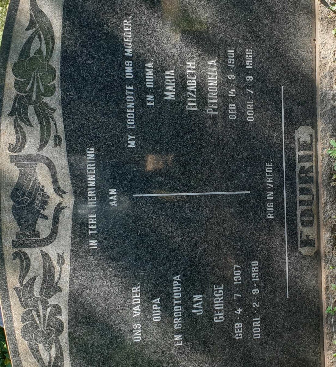 FOURIE Jan George 1907-1980 &amp; Maria Elizabeth Petronella 1901-1966