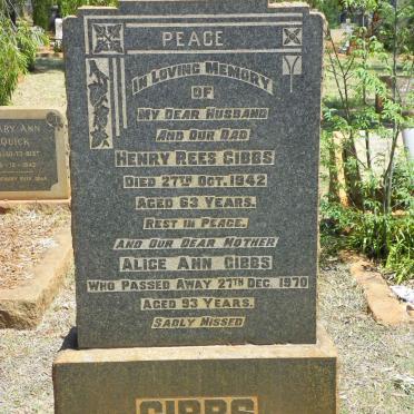 GIBBS Henry Rees -1942 &amp; Alice Ann -1970