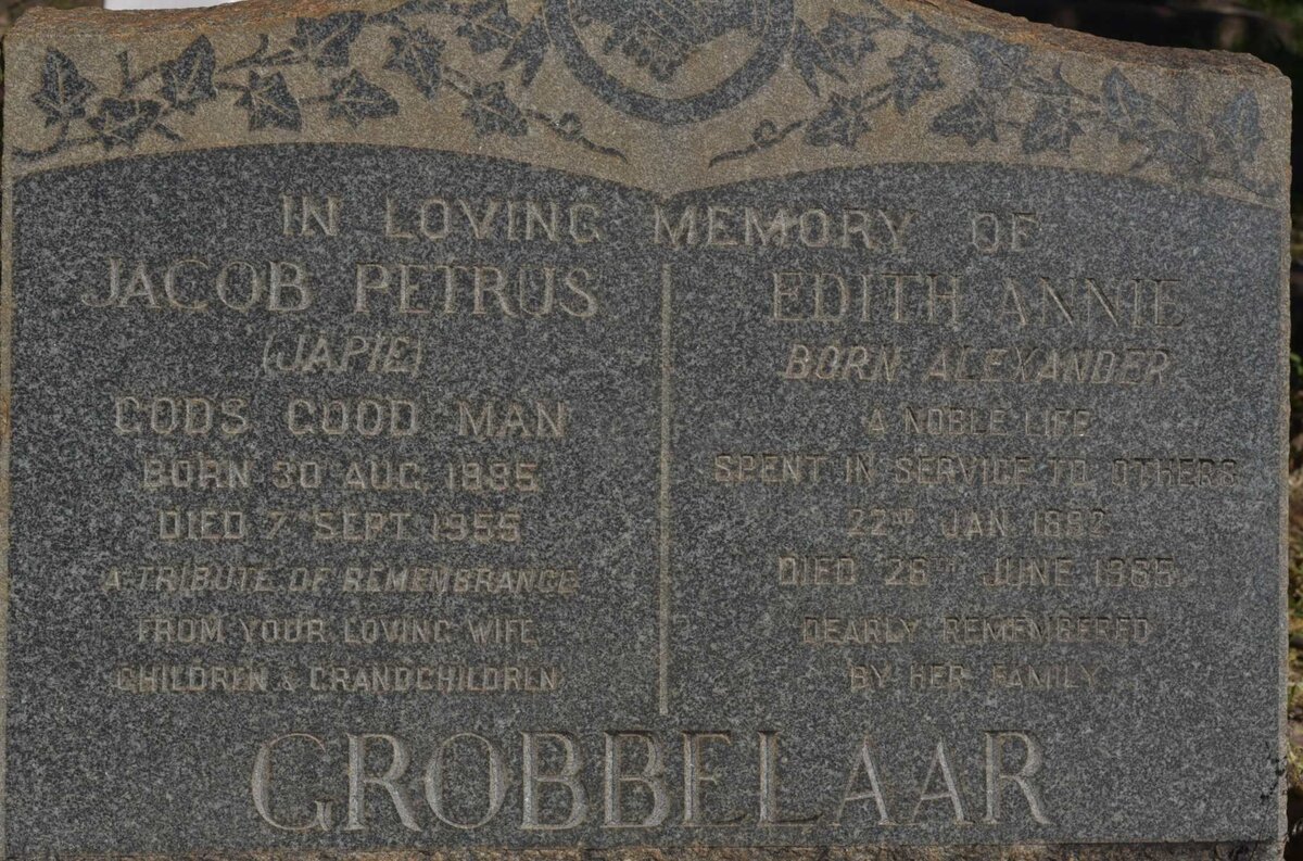 GROBBELAAR Jacob Petrus 1885-1955 &amp; Edith Annie ALEXANDER 1892-1965