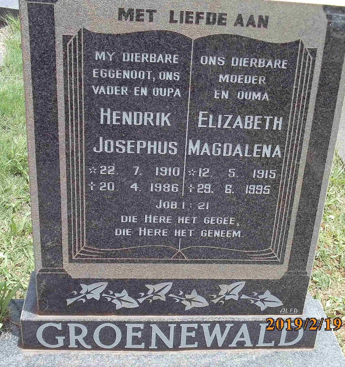 GROENEWALD Hendrik Josephus 1910-1986 &amp; Elizabeth Magdalena 1915-1995