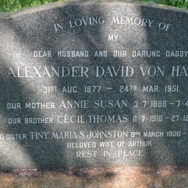HAGEN Alexander David, von 1877-1951 &amp; Annie Susan 1886-1962:: VON HAGEN Cecil Thomas 1918-1956